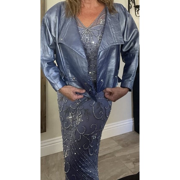 Vintage 80s Nora Ritti Oversized Blue Leather Jacket Belted Cropped Moto Style M - Picture 16 of 16